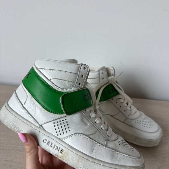 Celine CT-03 High Top Sneakers Sz 37 Optic White & Green Calfskin Leather - Picture 4 of 14